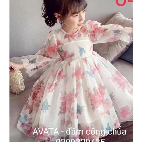 Váy công chúa bé gái trắng hoa bướm , váy công chúa cho bé lụa từ 8-40kg