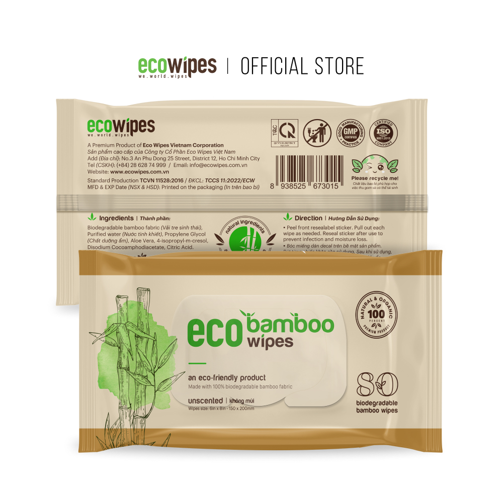 Khăn giấy ướt cao cấp EcoWipes gói 80 tờ vải sợi tre sinh thái Bamboo không mùi có thể phân hủy