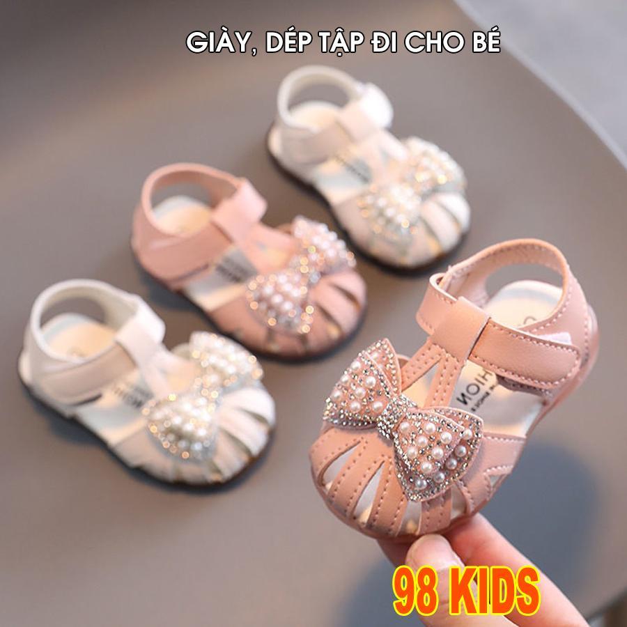 Giày búp bê đính nơ ngọc Sandal dép tập đi chống vấp êm mềm cho bé gái