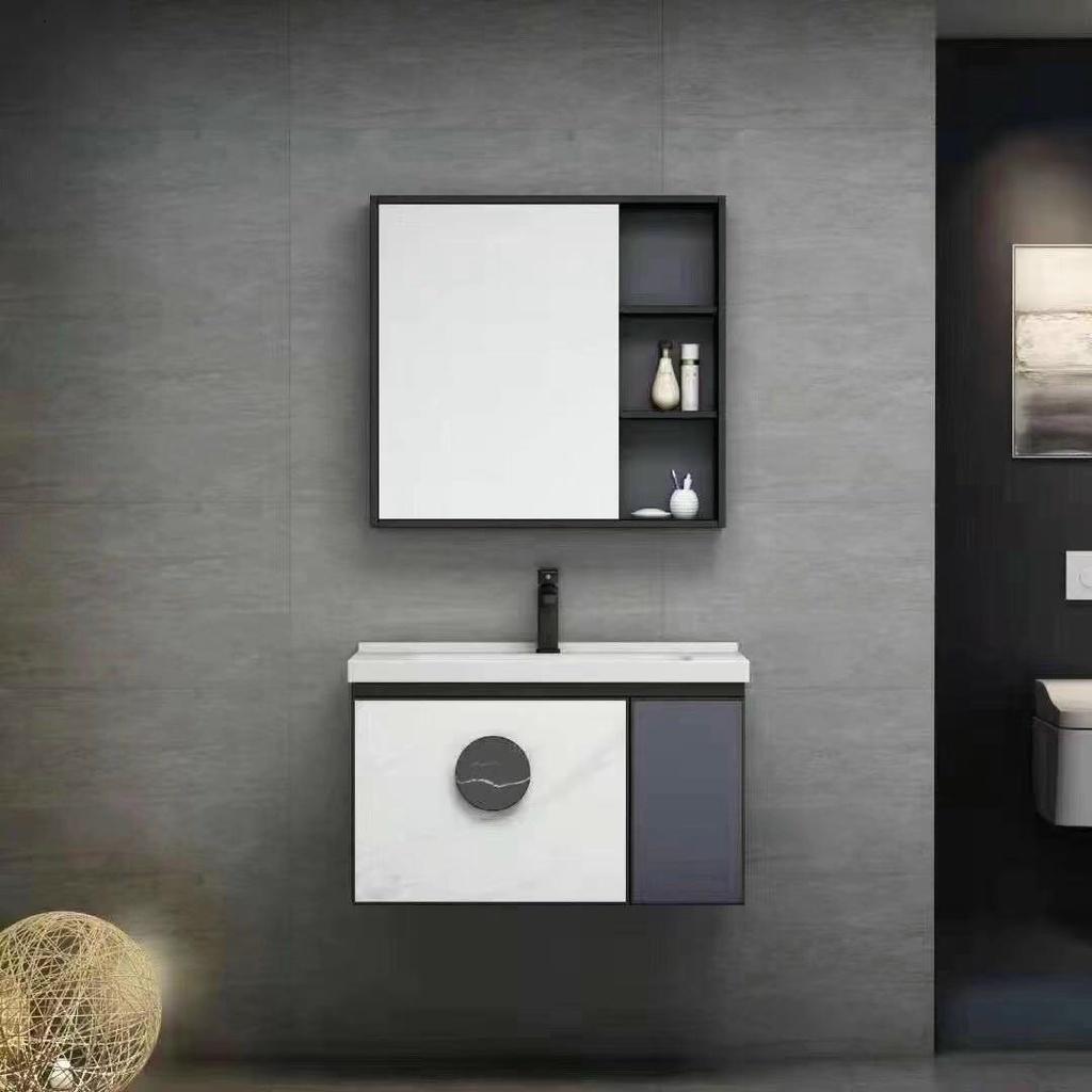 Bộ tủ lavabo màu xanh viền vàng vật liệu nhôm thiết kế hiện đại