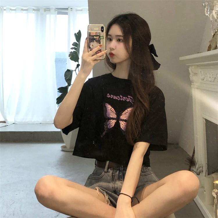 Áo thun croptop nữ form rộng tay ngắn ulzzang in hình Bướm trẻ trung phong cách Hàn Quốc C15 - Maoshop