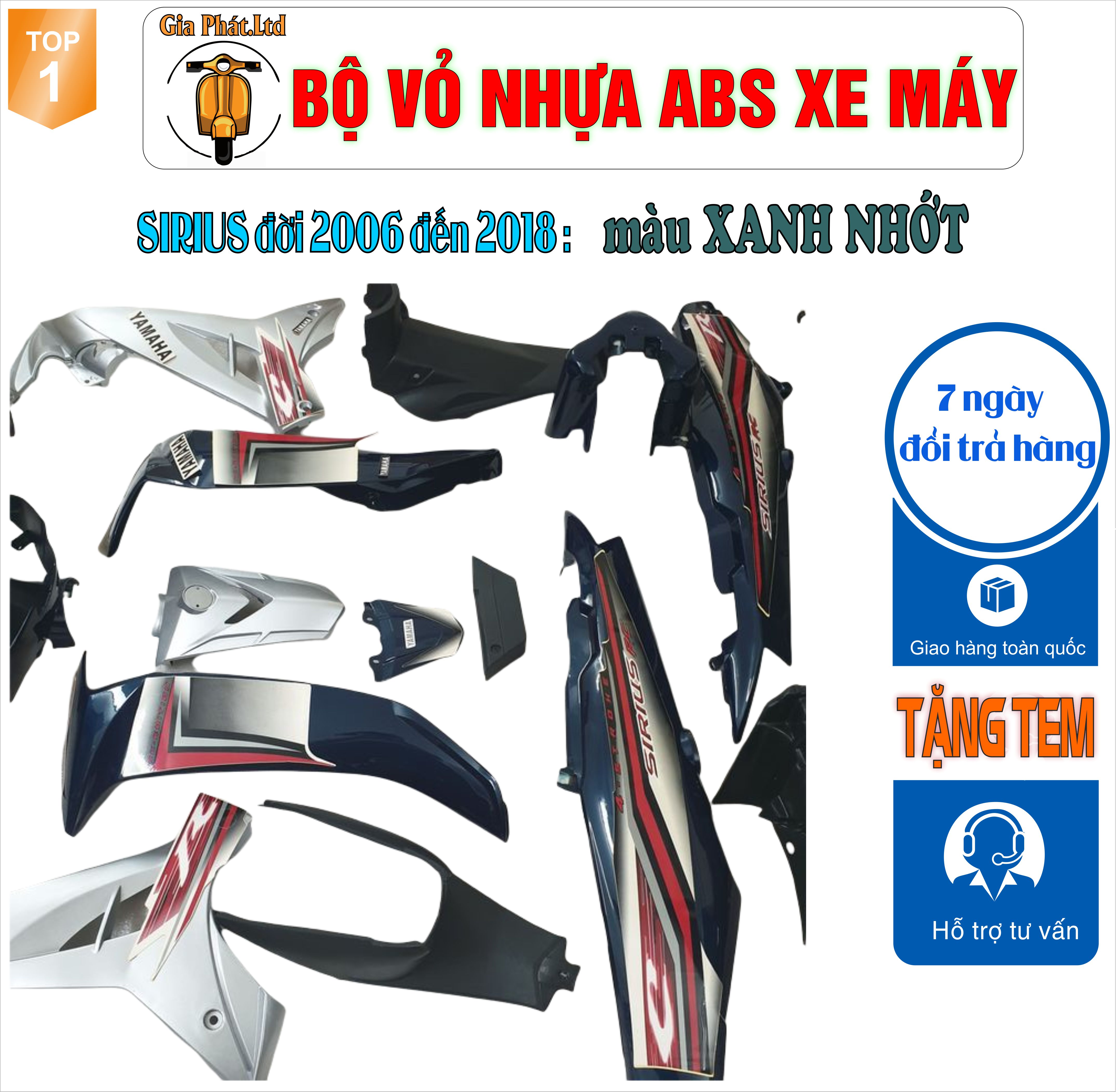 [TẶNG TEM] Bộ nhựa dàn áo xe SIRIUS màu XANH NHỚT , nhựa ABS nguyên sinh cao cấp -TKB-561(8047)