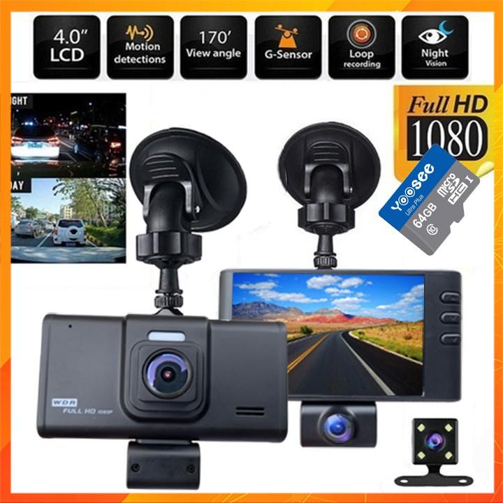 Camera Hành Trình 3 Mắt (Trước Xe, Trong Xe, Sau Xe) HD 2.0mpx 1080p Siêu Nét Dành Cho Các Loại Xe Ô Tô  Kèm Thẻ 64GB