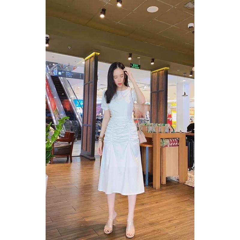 Đầm váy trắng cổ tròn tùng nhúng