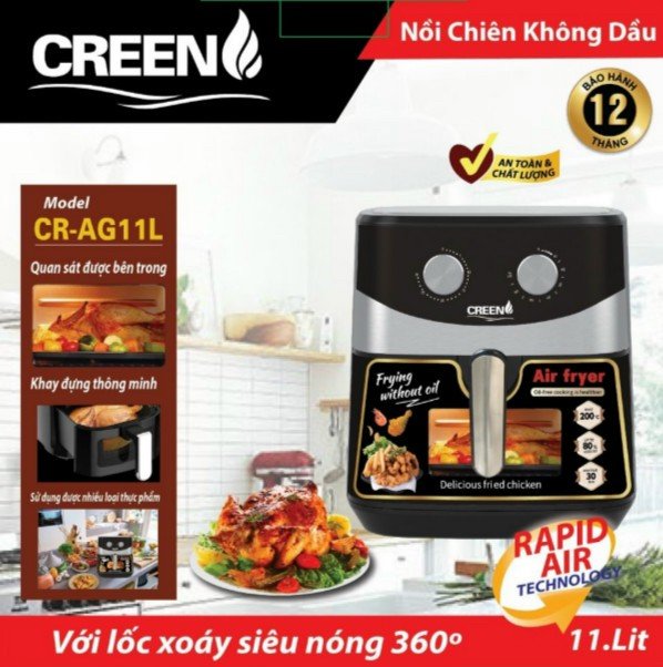 Nồi chiên không dầu Creen CR-AG11L, Dung tích 11L, Công nghệ khí nóng 2 luồng, sự kết hợp giữa 2 dòng lưu thông nhanh chóng giúp cho sản phẩm chín đều 360 độ - Hàng chính hãng