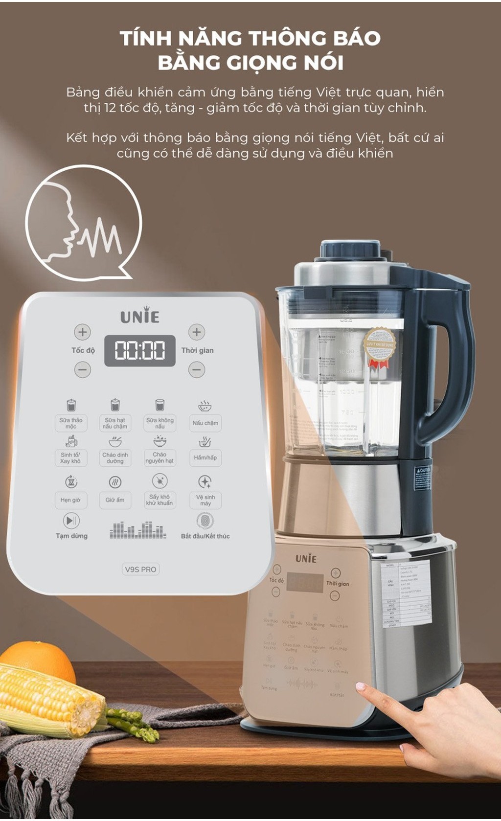 Máy làm sữa hạt Unie V9S PRO, xay nấu đa năng,  dung tích 1.75L,công suất 1800W ,động cơ thế hệ mới siêu êm, Bảo hành 2 năm hàng chính hãng