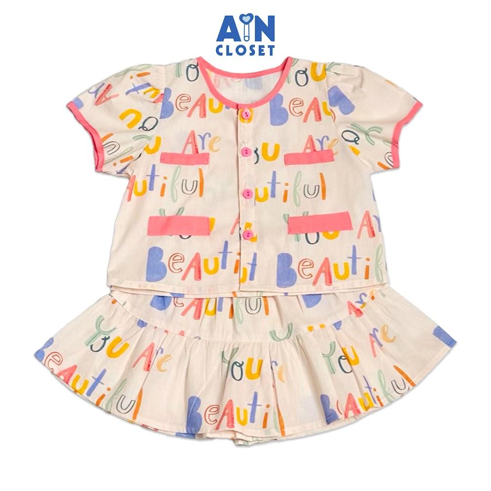 Bộ quần áo Ngắn bé gái hoạ tiết Chữ Hồng Cotton - AICDBGQZABVL - AIN Closet