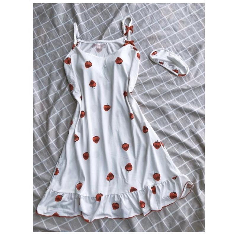 Đầm, Váy Ngủ 2 Dây- Dâu Tây Có Mút- Chất Cotton Siêu Mát.