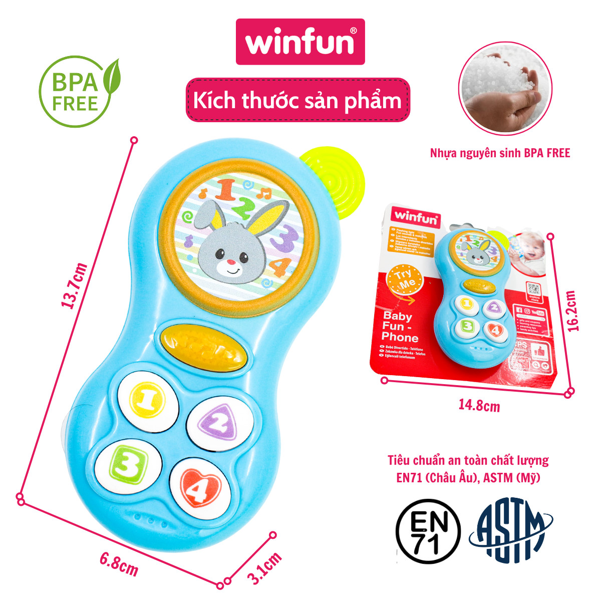 Đồ chơi Điện thoại phát nhạc vui nhộn học số cho bé gặm nướu Winfun 0638 BPA FREE