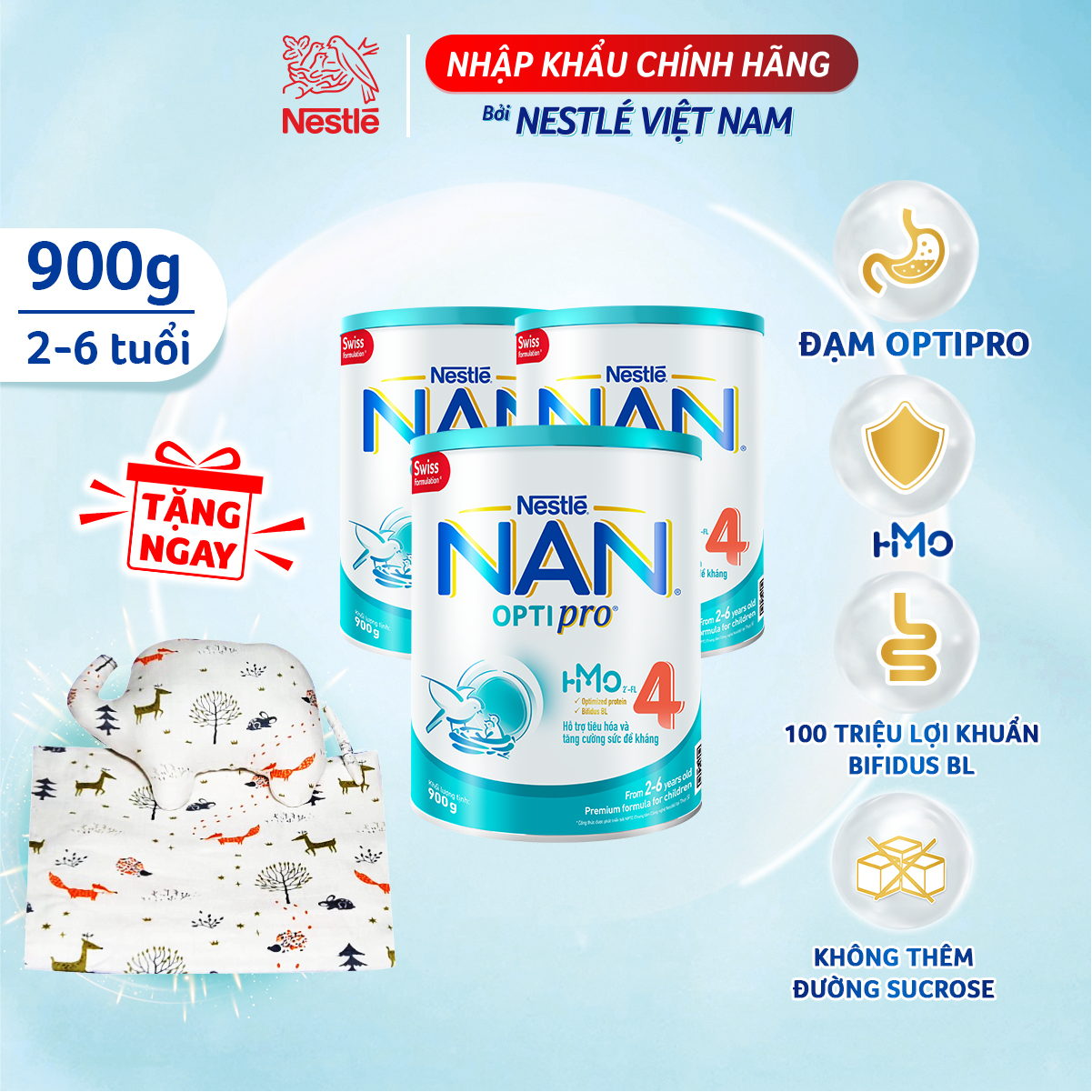 Combo 3 lon NAN OPTIPRO 4 900g + Tặng Bộ mền gối vải sợi tre thiên nhiên