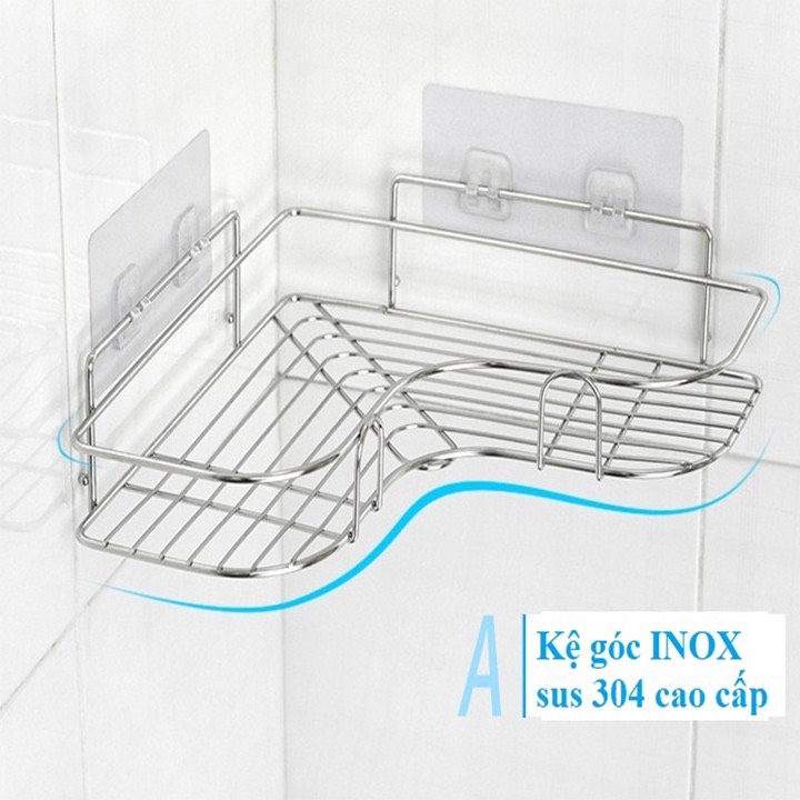 Kệ Góc Dán Tường INOX 304 siêu chắc, giá treo đồ nhà tắm, nhà bếp đa năng kèm 2 miếng dán dài