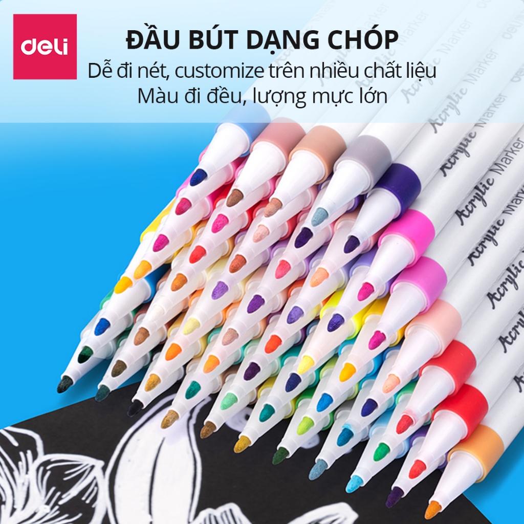 [MỚI] Bút Sơn Acrylic Marker Deli THÊM 80% MỰC - 12/24/36/48/64 Màu Tô Trên Mọi Chất Liệu DIY Vẽ Giày Vải Chai Lọ Nhựa