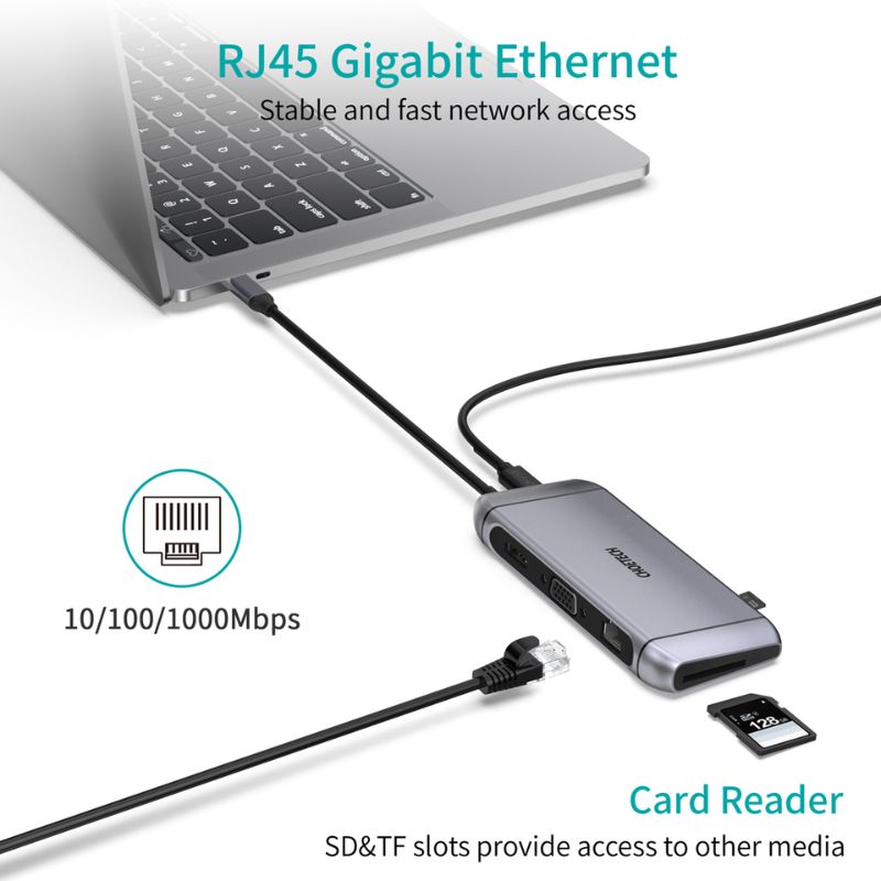 Hub Chuyển Đổi Type C 9 in 1 Type C To HDMI 4K/ PD 100W/ USB 3.0/ Rj45 Ethernet/ VGA/ TF/ SD CHOETECH HUB-M15