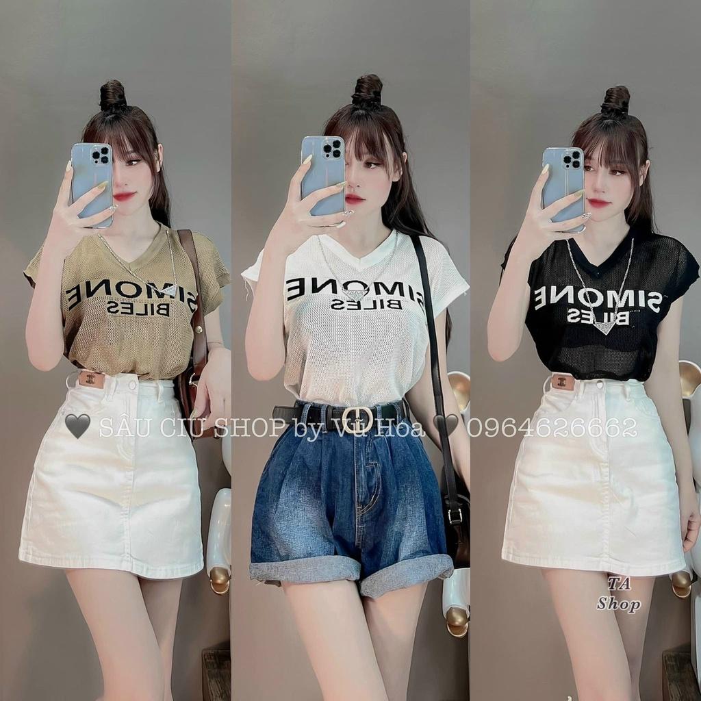 Áo len lưới Simone cổ tim tay hến kèm dây xích hot