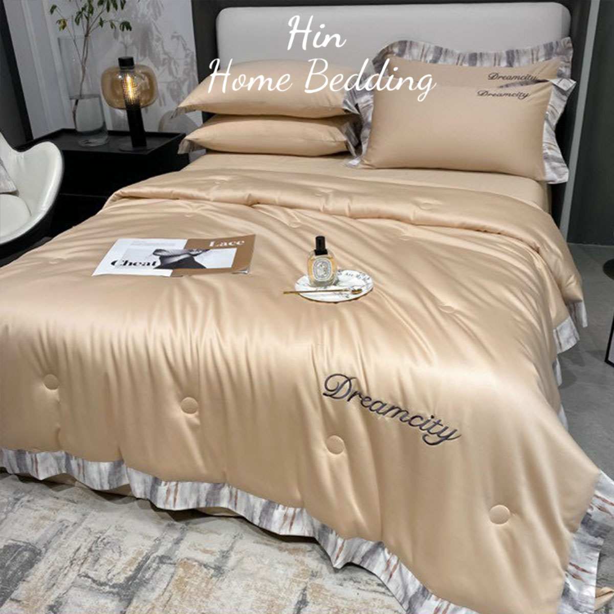 Bộ Chăn Ga Gối Đệm 5 Món Chăn Phao Lụa Thái Hin Home Bedding Mẫu Vàng