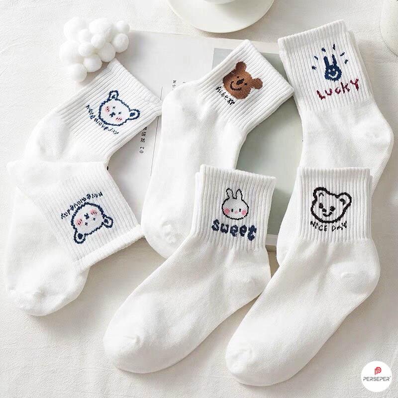 Tất cổ cao nữ họa tiết GẤU dễ thương, set tất vớ nữ chất liệu cotton chống hôi chân - TGS SHOP