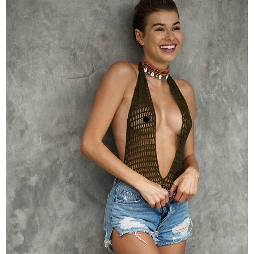 Fashion Women Ladies Black One Piece Crochet Knit Beach Bikini Monokini Swimwear Halter Deep V-neck Beachwear
