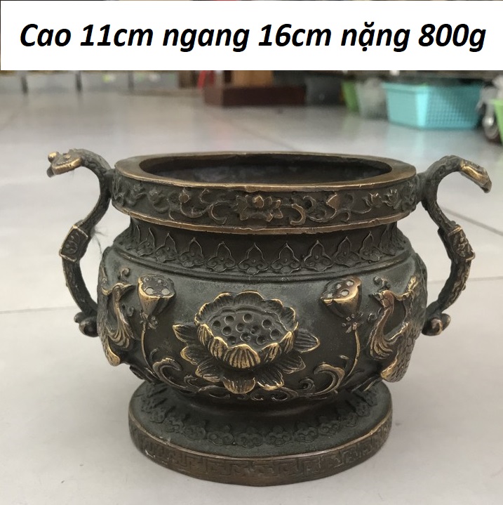 Lư hương, lư đồng quai rồng bằng đồng giả cổ MS65đ