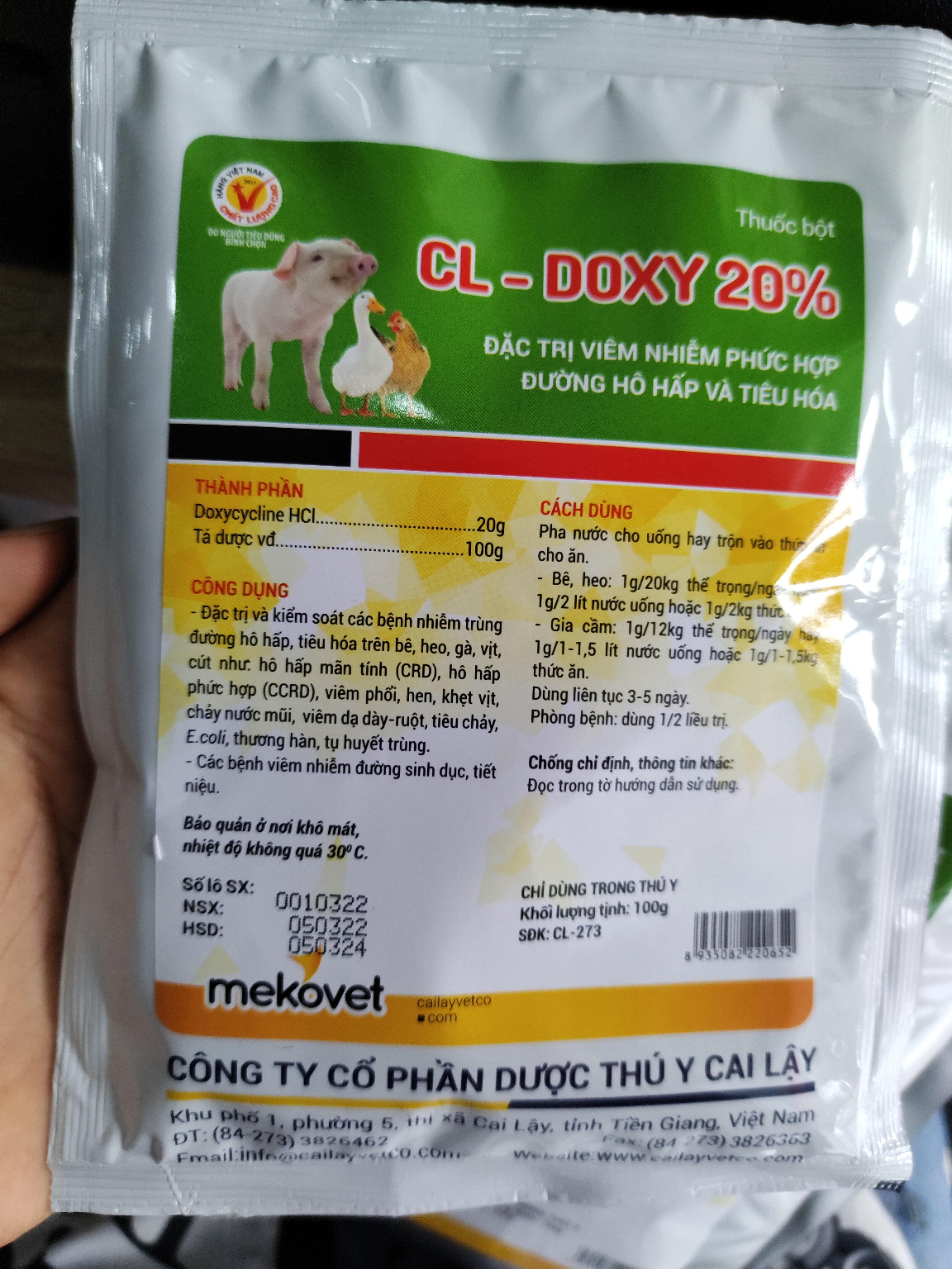 Thuốc bột CL-DOXY 20% Đ.ặc t.rị viêm nhiễm phức hợp đường hô hấp và tiêu hoá