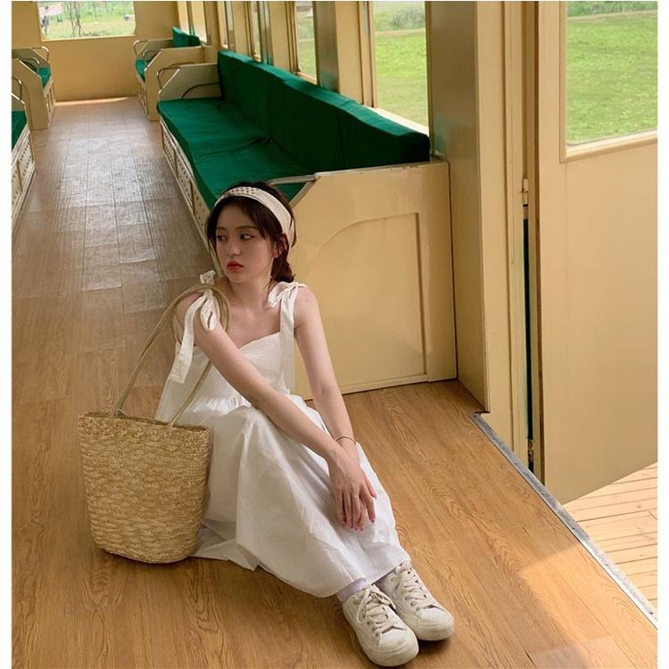 Đầm 2 dây thắt nơ vai chất đũi form rộng Váy babydoll đuôi cá siêu xinh