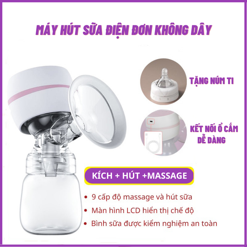 [TẶNG NÚM TI] Máy hút sữa điện đơn không dây cầm tay có chế độ massage, kích sữa - Chất liệu an toàn cho mẹ và bé