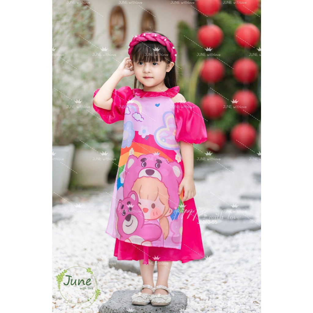 Áo dài tết cho bé gái mẫu Gấu dâu Lotso từ 12-40kg hàng thiết kế cao cấp