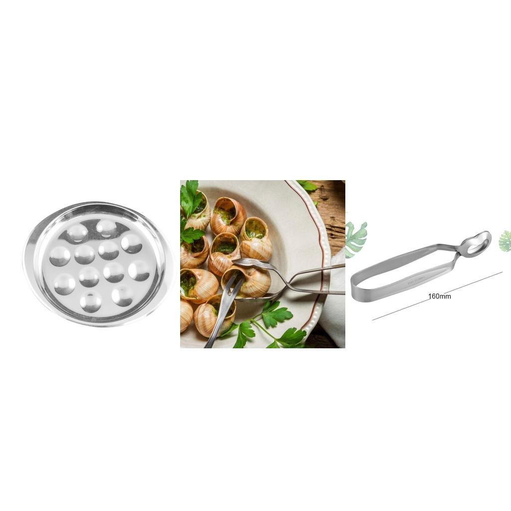 Stainless Steel Snail Escargot Plate Dishes 12 Compartment Holes Tong
