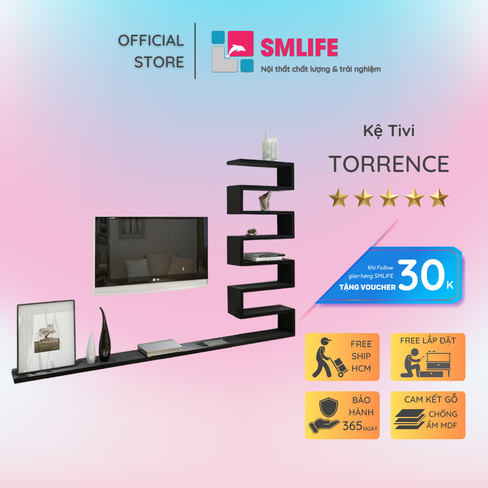 Kệ Tivi gỗ hiện đại SMLIFE Torrence | Gỗ MDF dày 17mm chống ẩm | D200xR20xC154cm