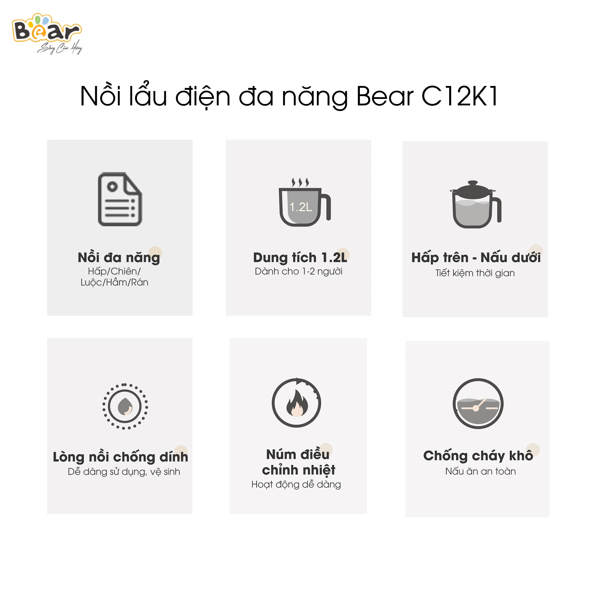 Nồi Lẩu Mini Đa Năng 1,2L Bear Lẩu 2 tầng Vật Liệu Chống Dính An Toàn C12K1 - Hàng nhập khẩu