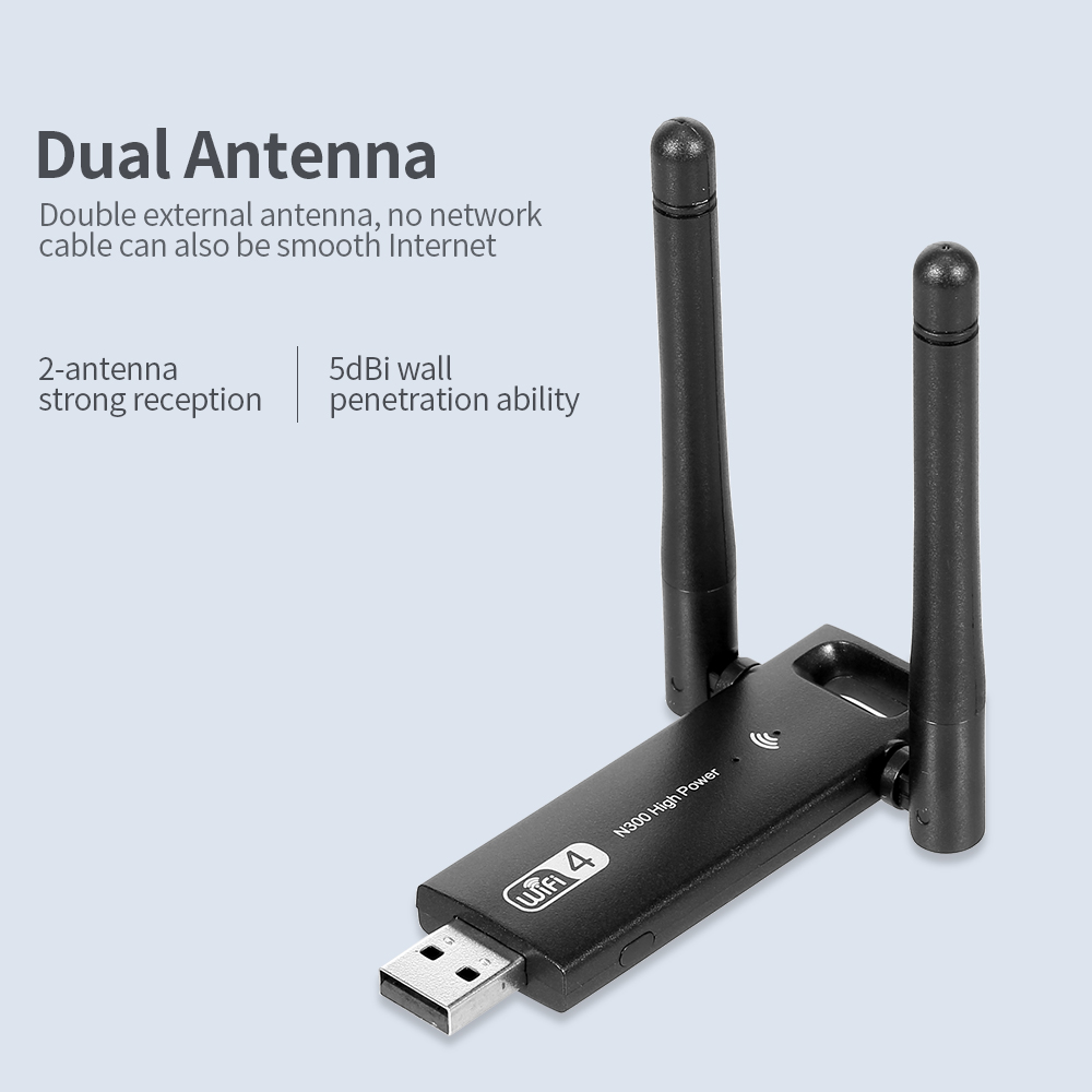 Bộ chuyển đổi USB không dây-N 2.4G Tốc độ truyền 300Mbps Bộ điều hợp WiFi 4 USB với ăng-ten kép