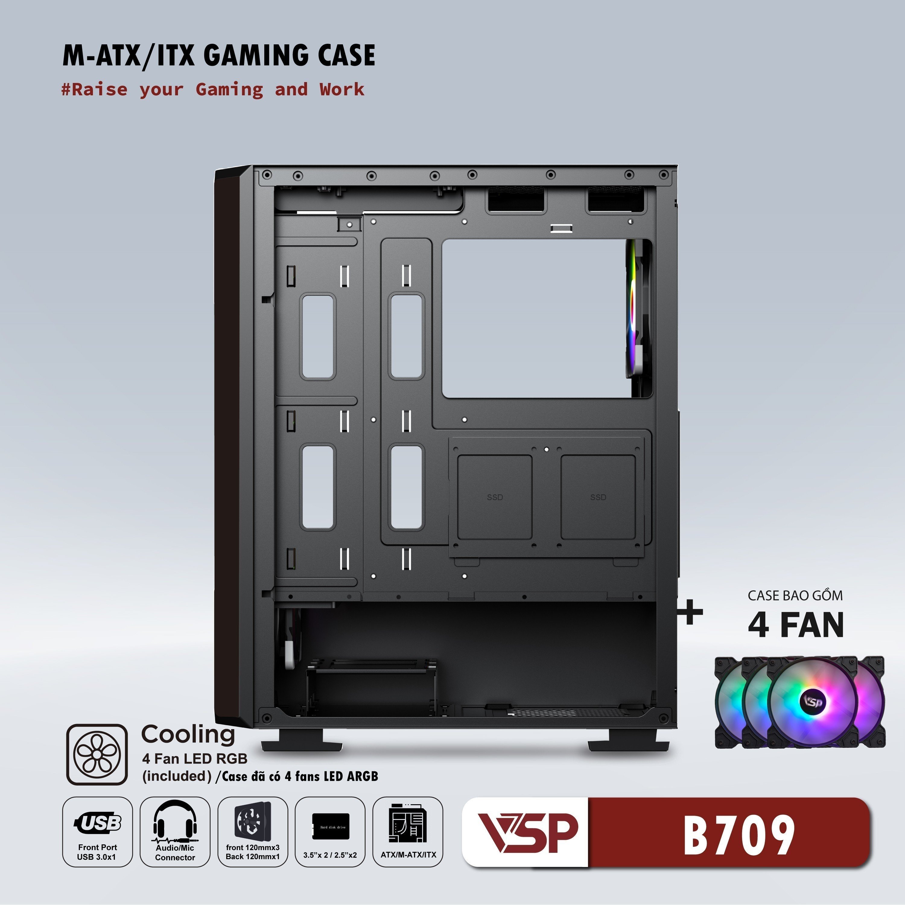 Vỏ máy tính Case VSP B709 sẵn 4 Fan LED ~ Gaming kính cường lực - Hàng chính hãng TECH VISION phân phối