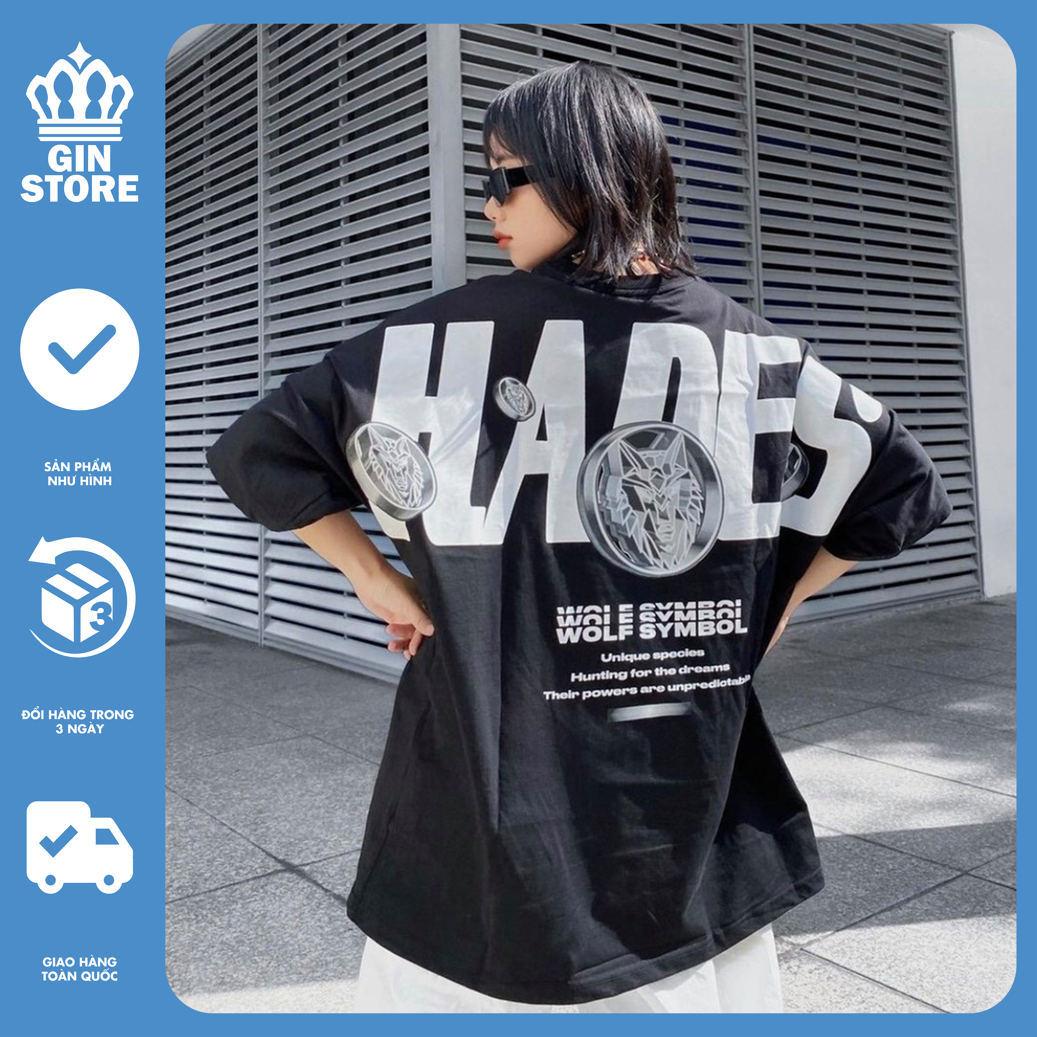 Áo thun tay lỡ HADES Wolf Symbol FULL TAG, tee form rộng unisex oversize chất liệu cotton dày dặn - GIN STORE