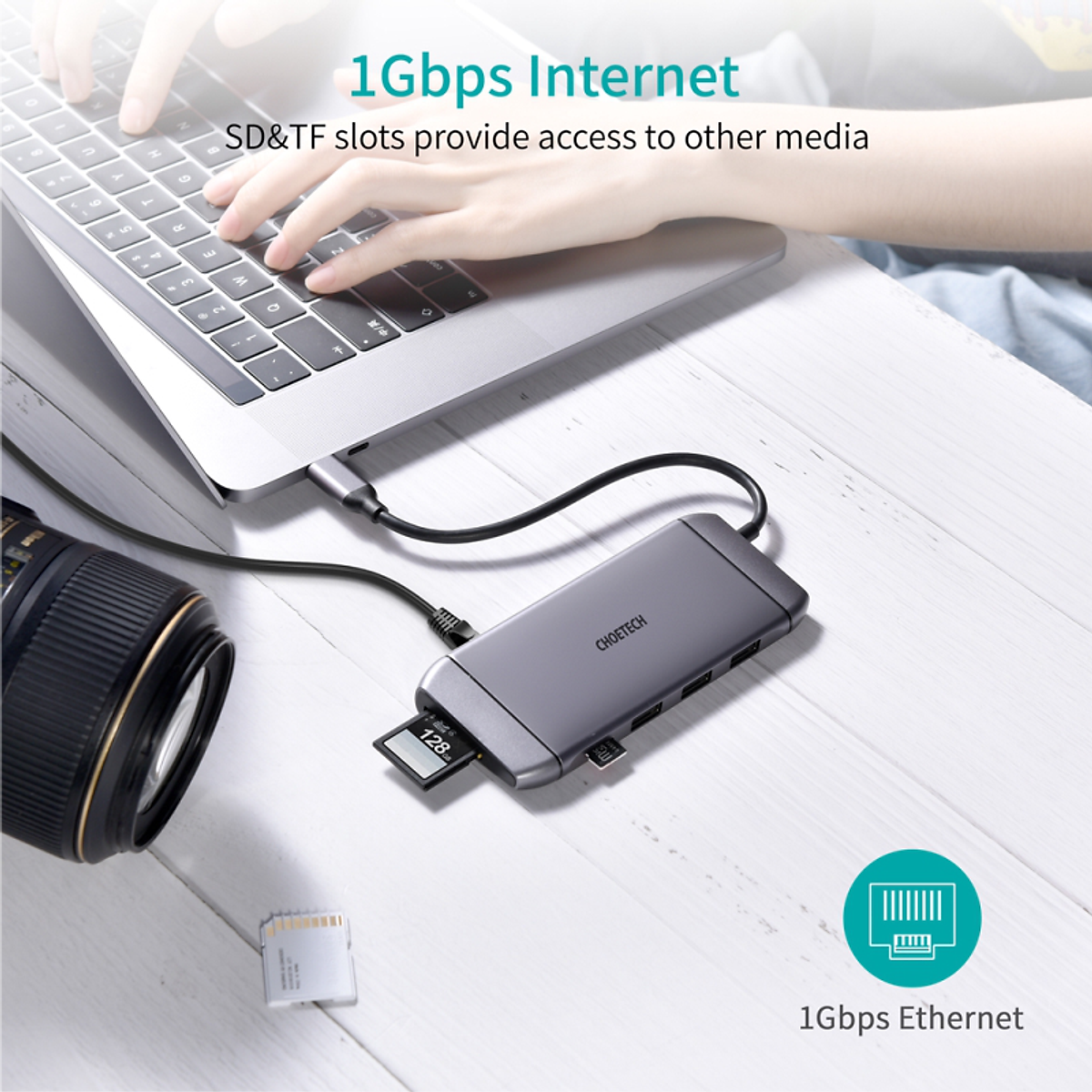 HUB Type C To HDMI 4K/ PD 100W/ USB 3.0/ Rj45 Ethernet/ VGA/ TF/ SD CHOETECH HUB-M15 Tương Thích Thunderbolt 3 (9 in 1) - Hàng Chính Hãng