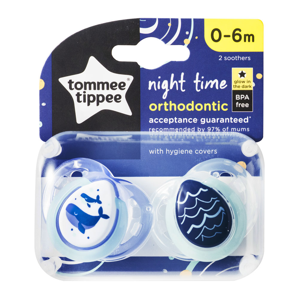 Ty ngậm dạ quang cho bé Tommee Tippee 0-6 tháng (vỉ 2 cái) - Night Time - Cá Voi