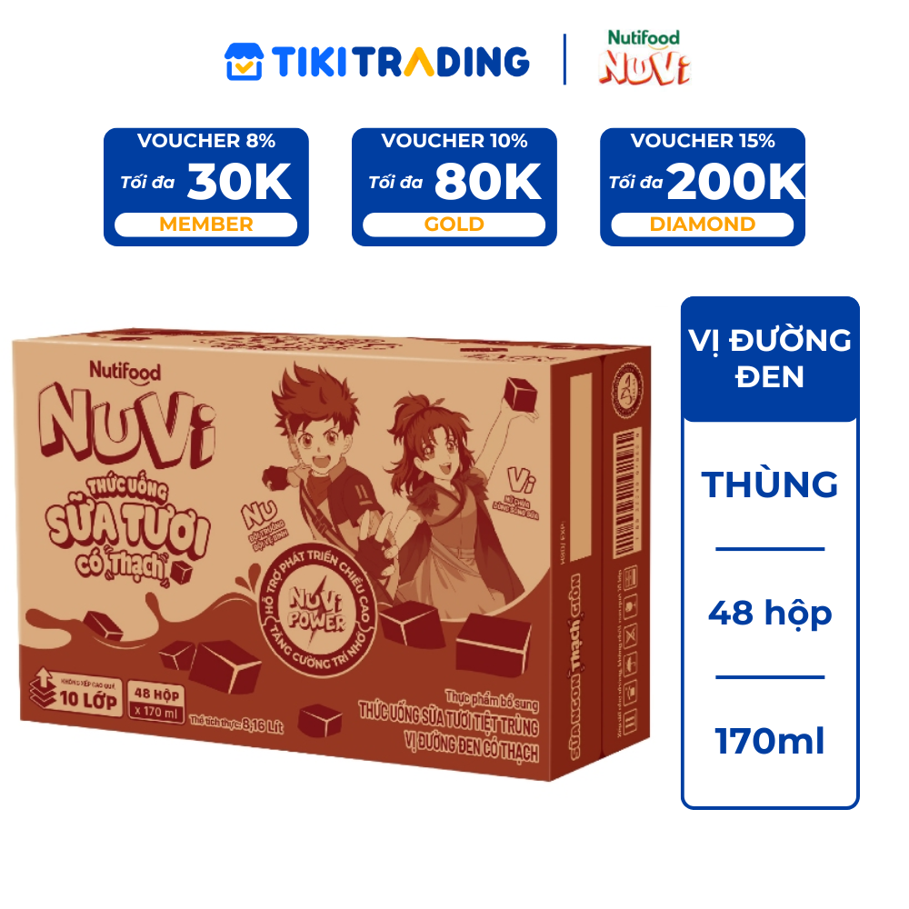 Thùng Sữa Tươi có Thạch vị đường đen Nuvi 170ml (48 Hộp x 170ml) - Phát Triển Chiều Cao, Tăng Cường Trí Nhớ