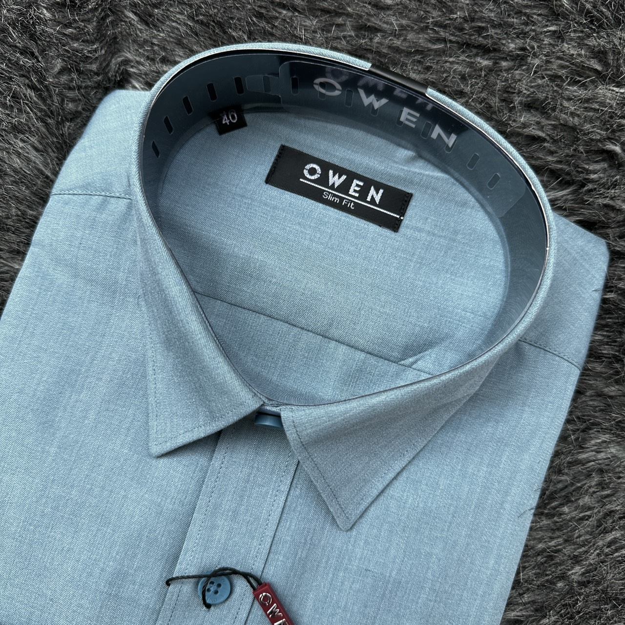 OWEN - Áo sơ mi dài tay Owen SLimfit màu xanh trơn chất sợi tre 220844