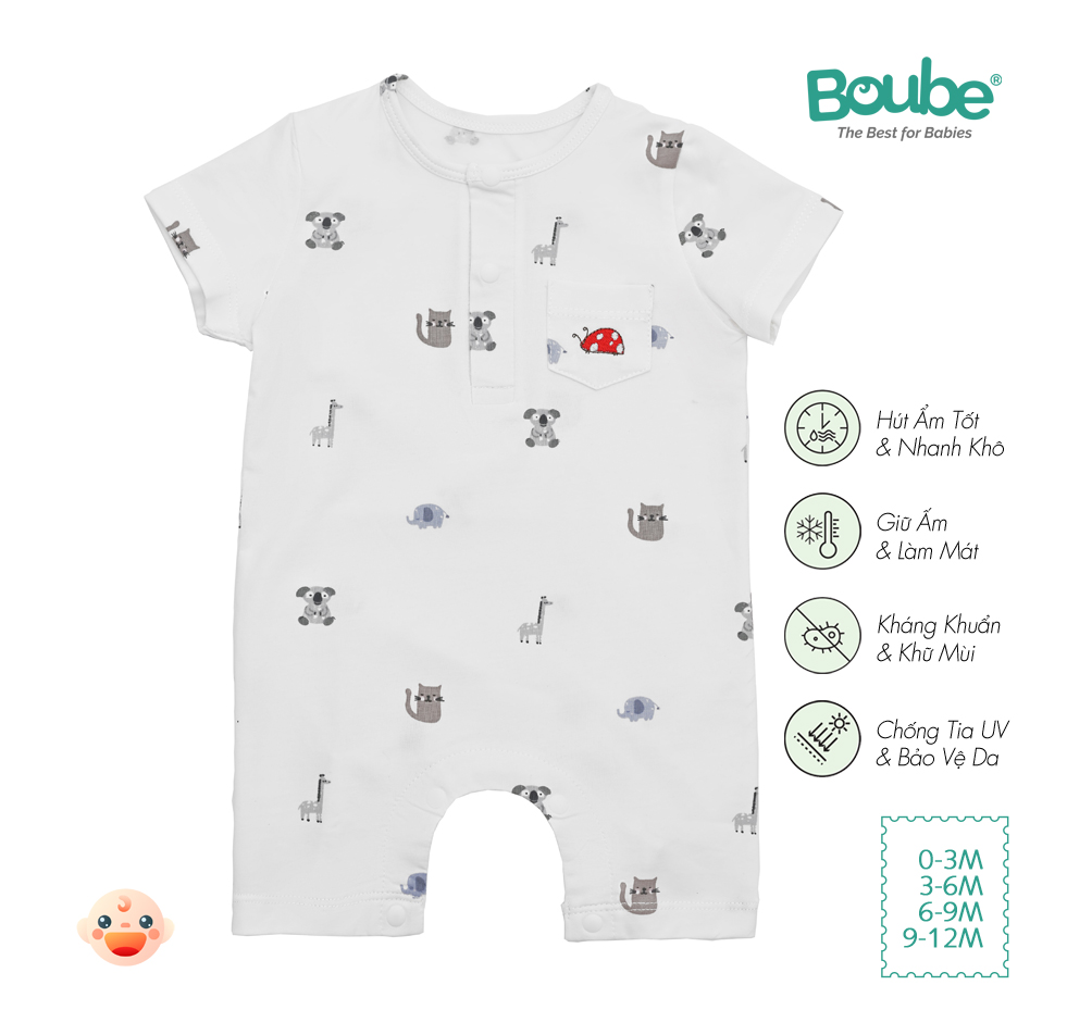 Bộ liền thân, bodysuit cộc tay cổ trụ họa tiết dễ thương cho bé sơ sinh Boube, vải Cotton organic thoáng mát- Size 0-12M