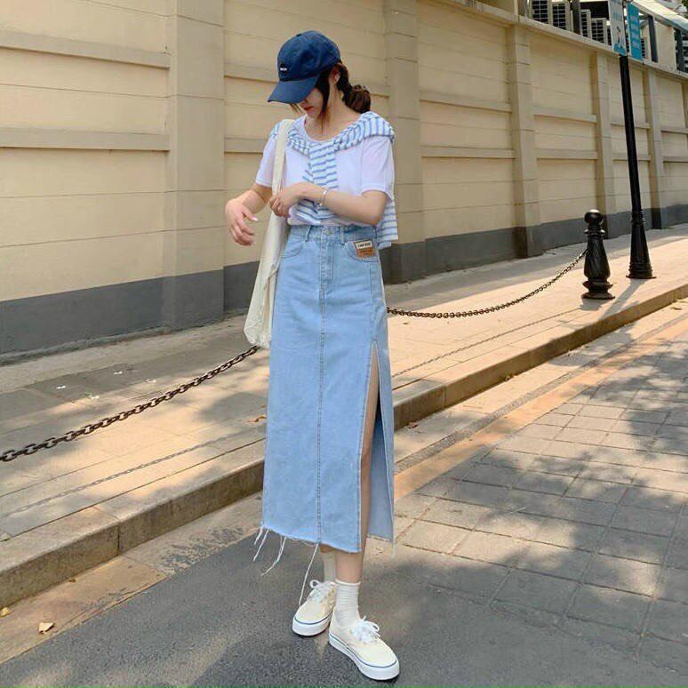 Chân váy Jean xẻ tà cạp cao cá tính, chân váy demin nữ Okélla