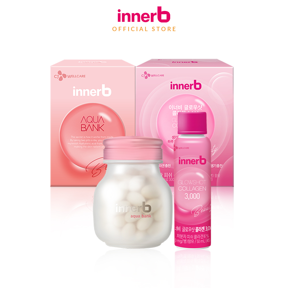 Bộ đôi giữ ẩm, sáng da InnerB Aqua Bank lọ 56 viên & nước uống Collagen hộp 6 chai (50ml*6) - Sản Phẩm Chính Hãng