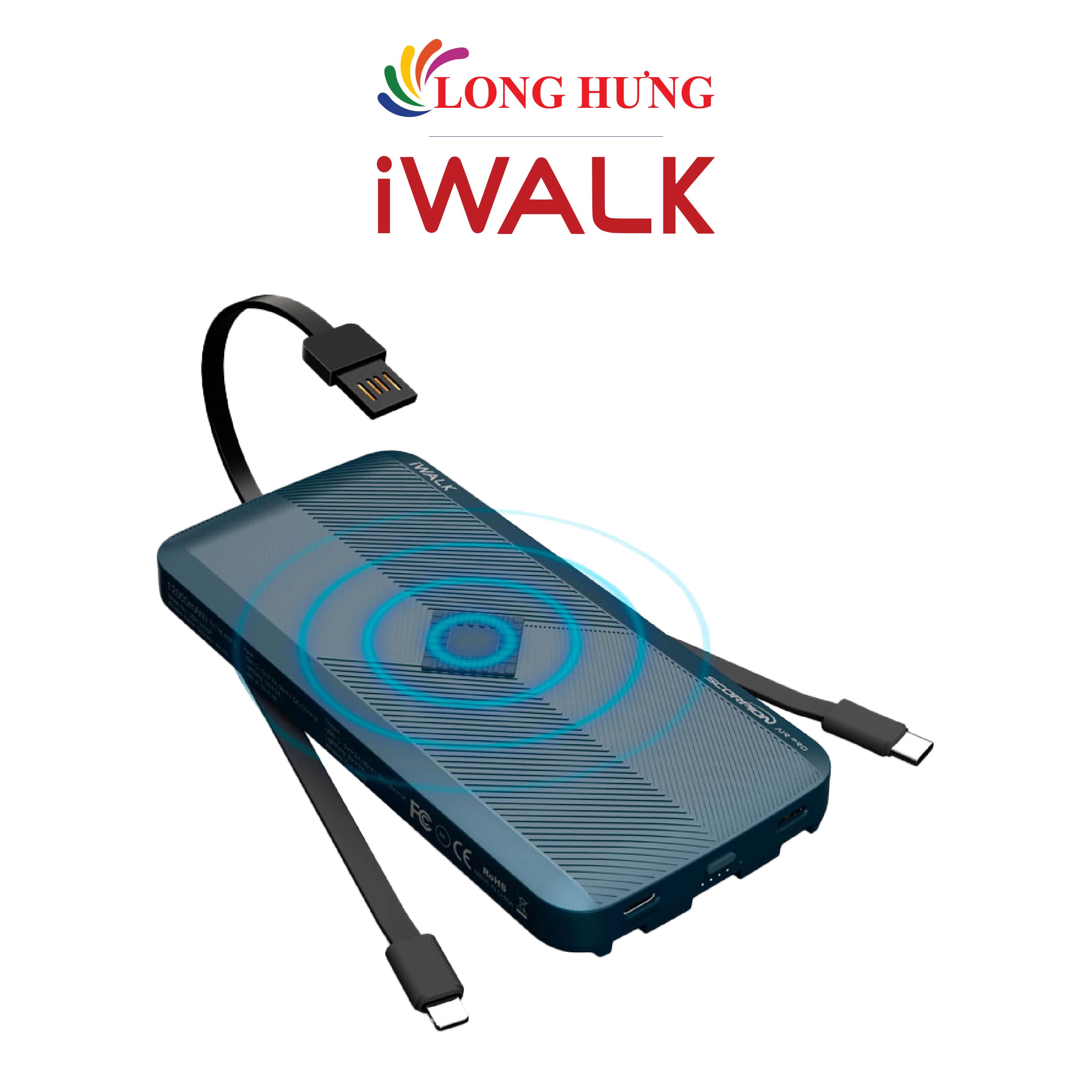 Sạc dự phòng kiêm sạc không dây iWalk 12000mAh 18W PD QC 3.0 UBA12000 - Hàng chính hãng