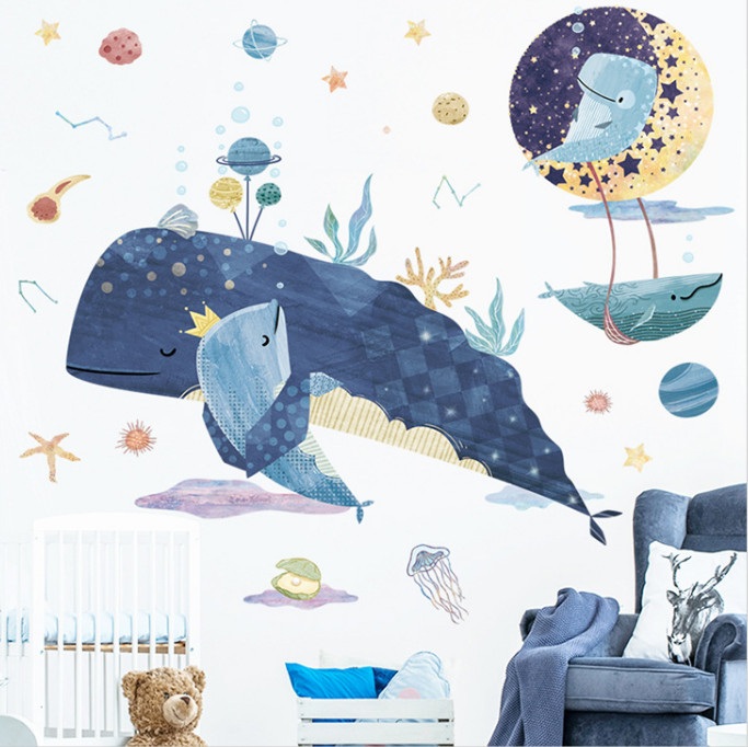 Decal trang trí tường - 2 Mẹ con cá voi ôm nhau