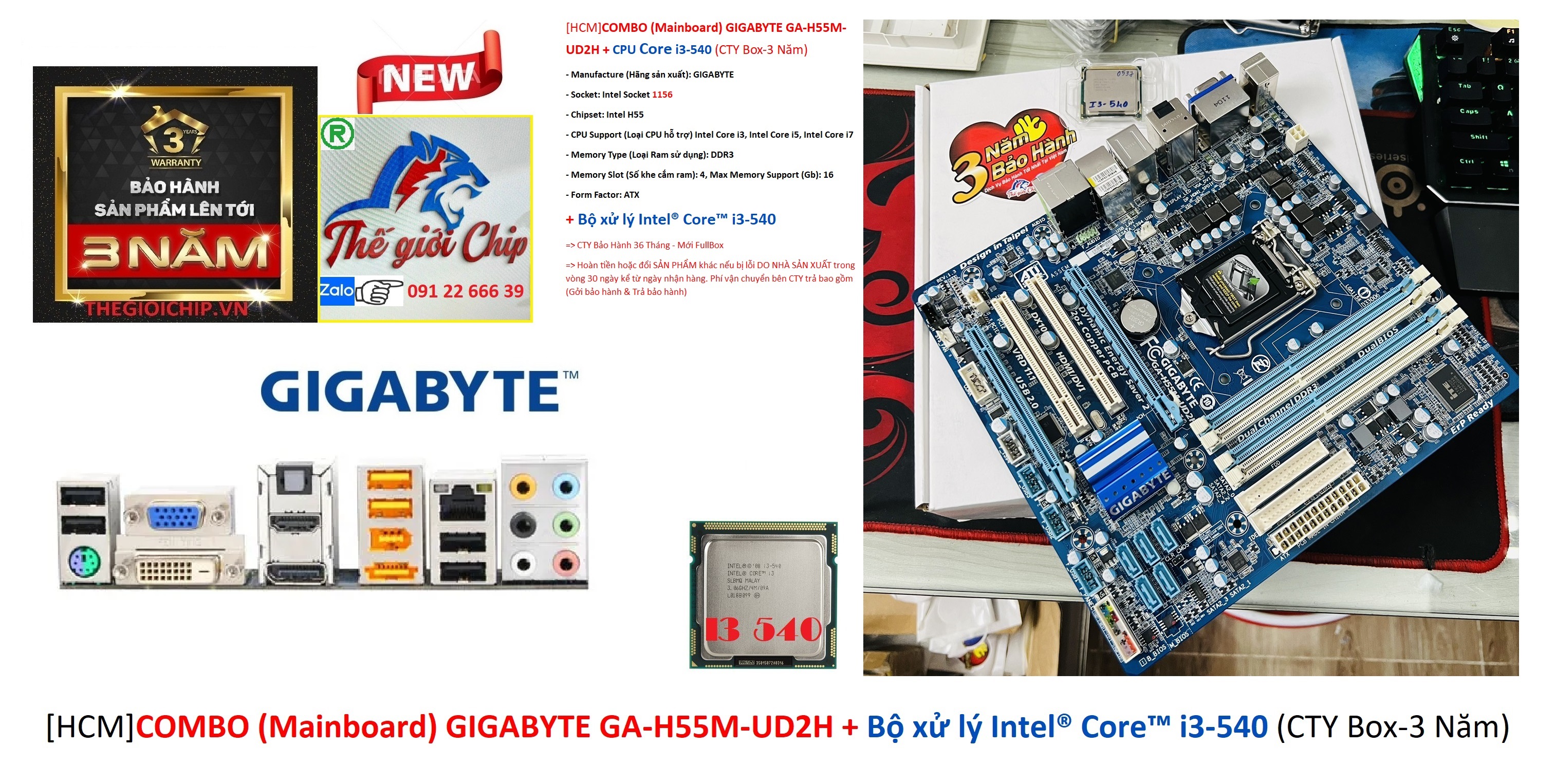 COMBO GIGABYTE GA-H55M-UD2H + CPU Core i3-540 - HÀNG CHÍNH HÃNG
