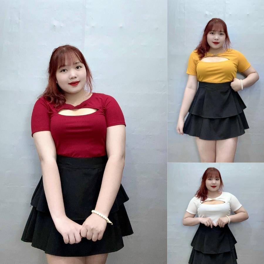 Áo thun tay ngắn xẻ ngực bigsize xoắn cổ tròn BIGSIZE CÔ NHỎ dáng croptop, Áo phông phom rộng 60-95kg G119