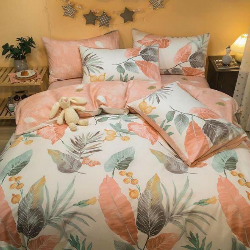 Bộ chăn ga gối cotton fly nhập khẩu mẫu lá hồng