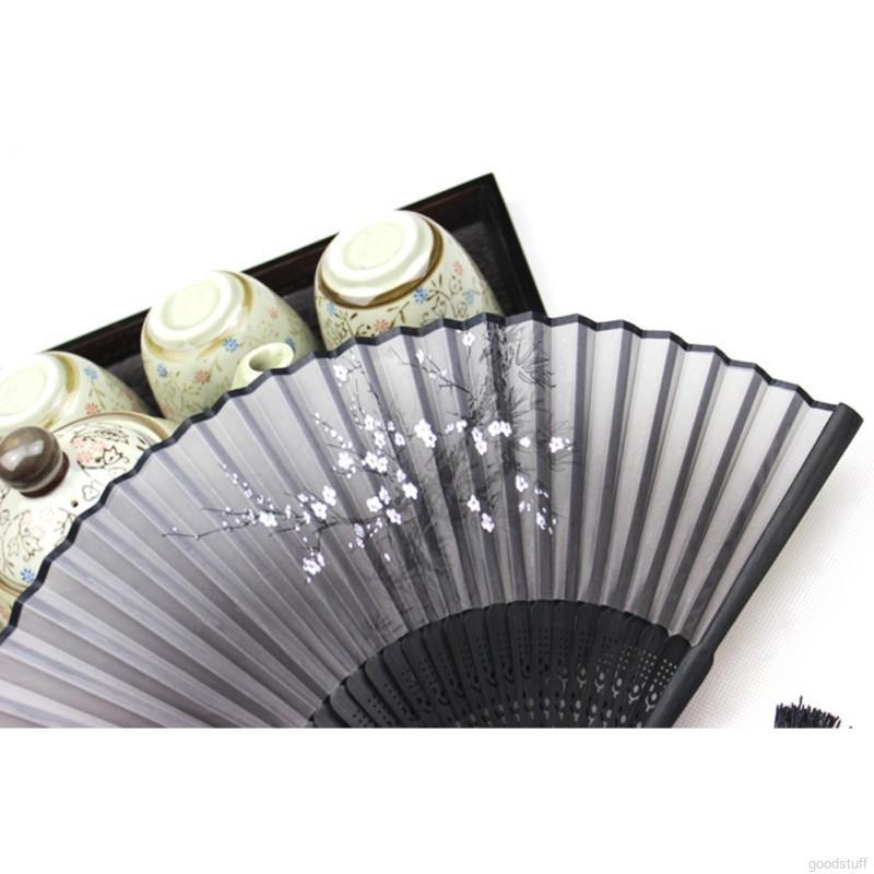 Quạt cầm tay vải lụa phối ren in hoa