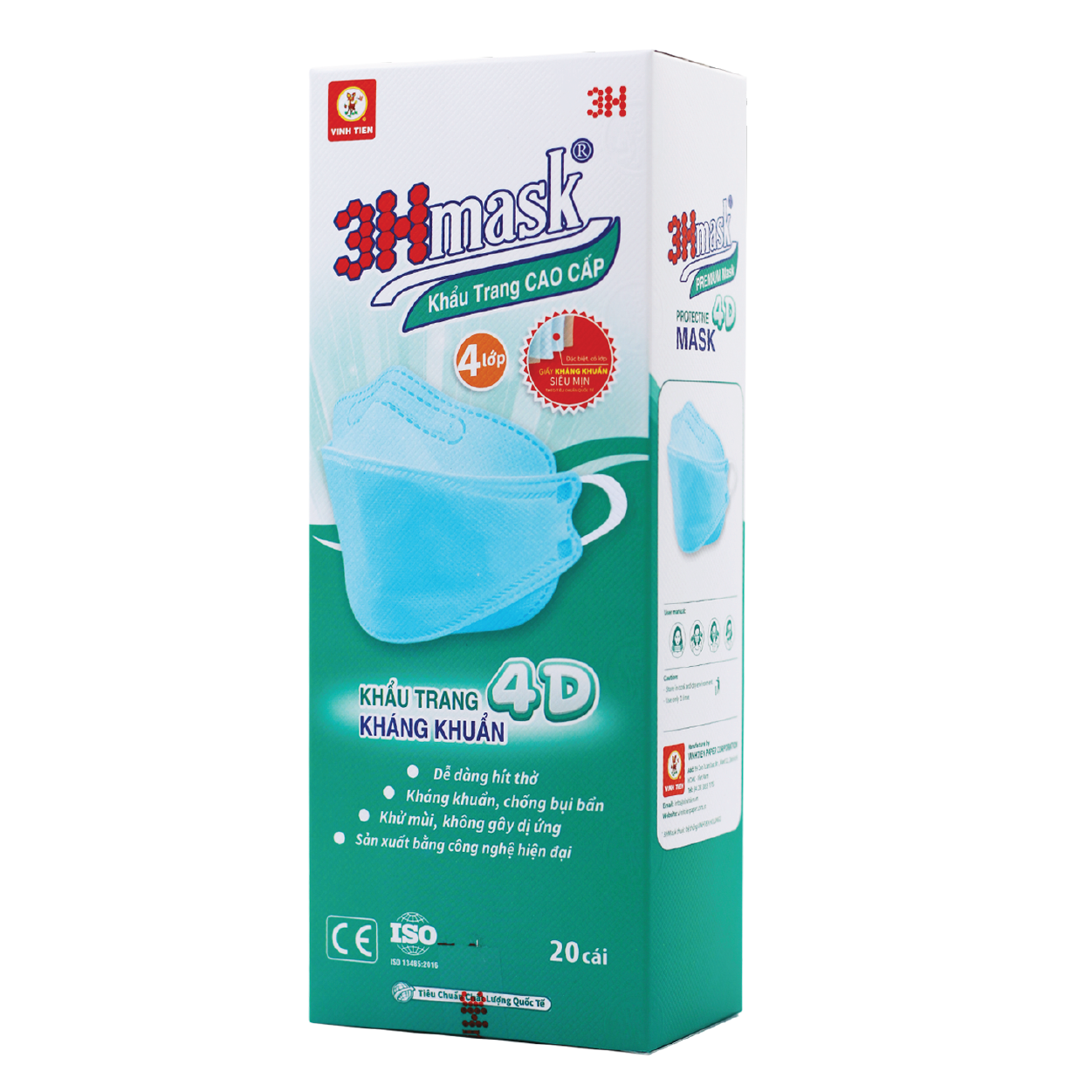 Khẩu Trang 3Hmask 4D Quai Bản Xanh (20 cái) - Kháng Khuẩn Cao Cấp ôm khít mặt, không đau tai, không lem son