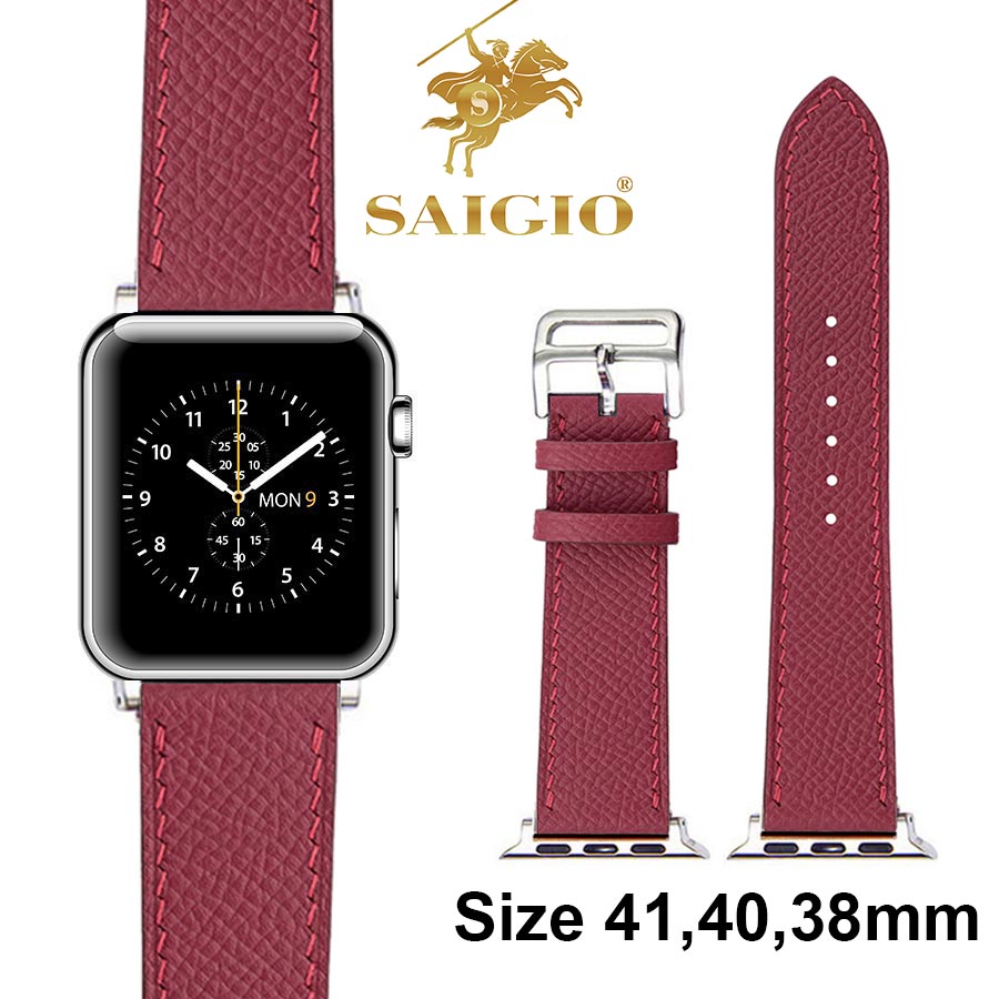 Dây Đồng Hồ Apple Watch 41mm 40mm 38mm, Chất Liệu Da Bê EPSOM Thảo Mộc Cao Cấp, Nhập Khẩu Từ Châu Âu, Dây Đeo Phong Cách Hiện Đại và Sang Trọng, Tương Thích Các Phiên Bản Series 8/7/6/5/4/3/2/1/SE/SE2 - Đỏ Burgundy - ADAPTER BẠC