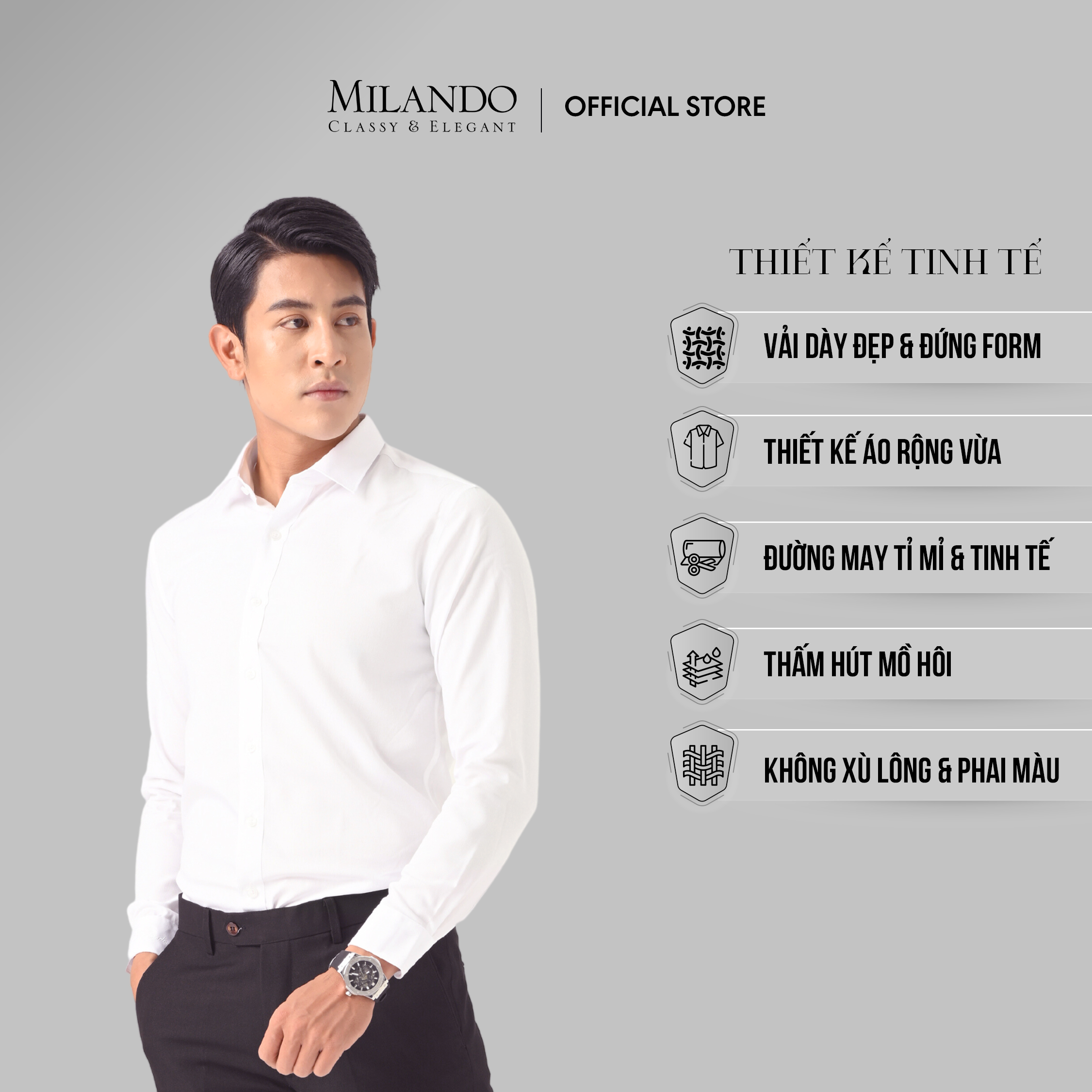 Áo Sơ Mi Nam Dài Tay Cao Cấp MYMILANDO Màu Trắng Trơn - Form Áo Rộng Vừa, Kiểu Dáng Trẻ Trung, Thời Trang Công Sở, Dạo Phố, Sự Kiện Sang Trọng