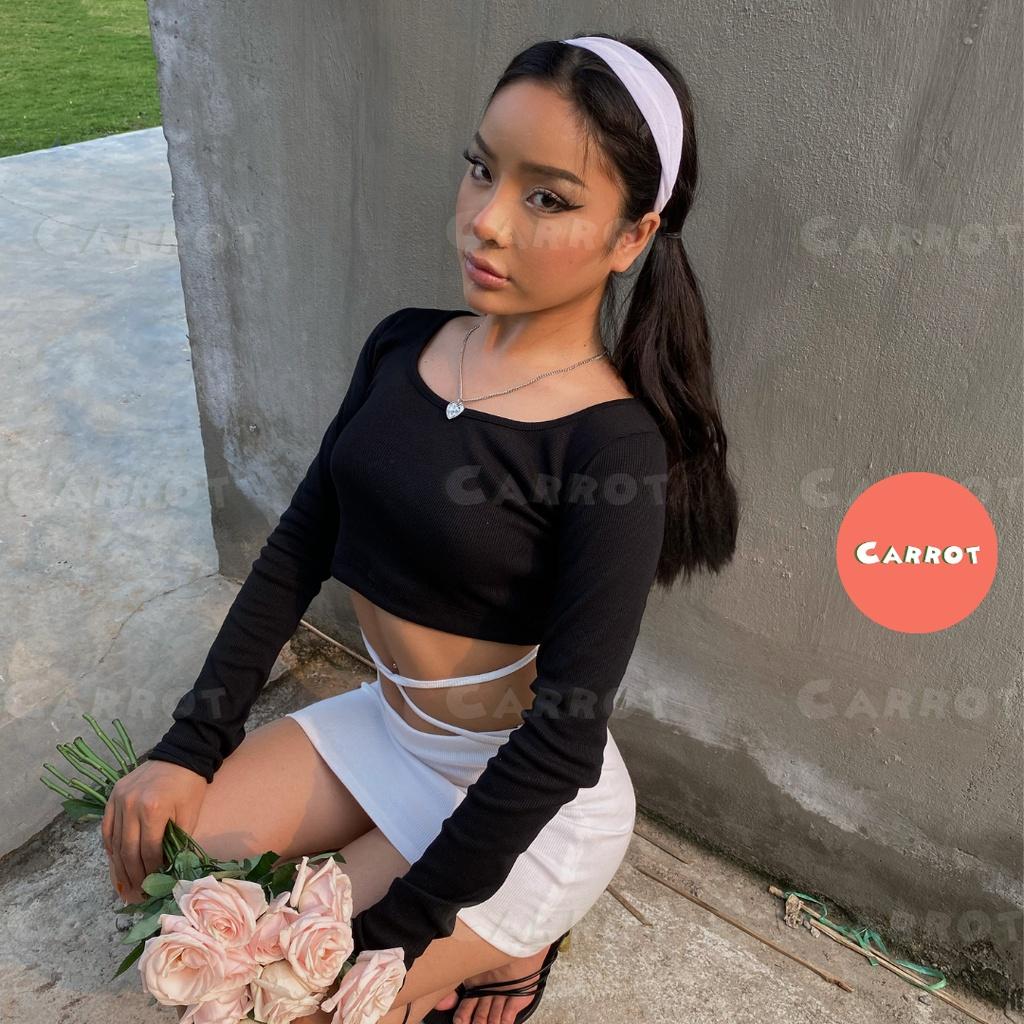 Croptop đen tay dài chân váy trắng basic ôm eo cột dây tôn dáng chất thun trendy thời trang nữ carrotxinhdep