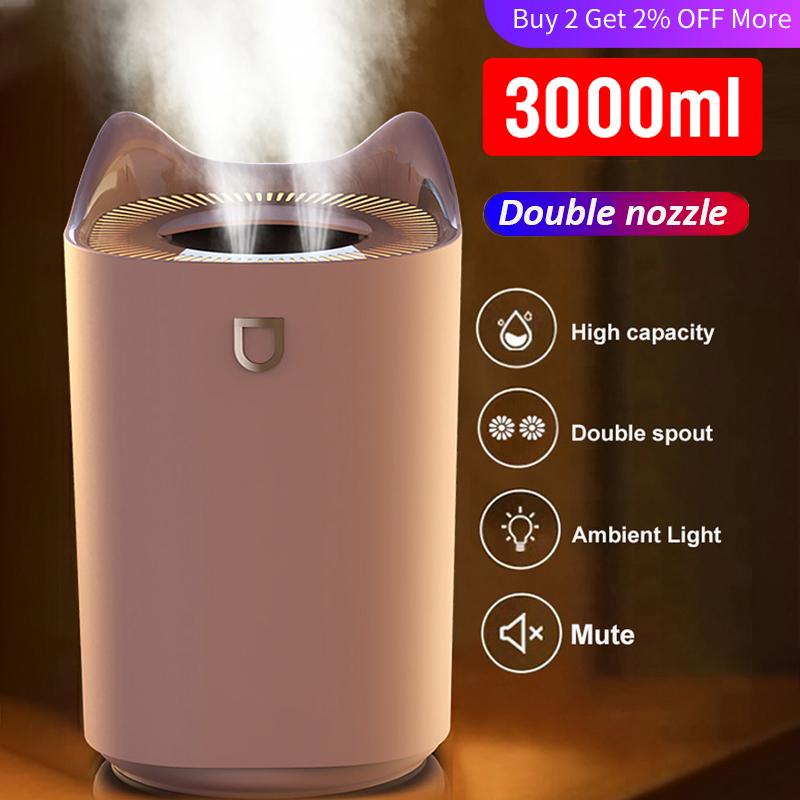 3000ML Máy Phun Sương Tạo Độ Ẩm Đôi Vòi Phun Sương Tạo Ẩm Không Khí USB Hương Thơm Khuếch Tán Màu Đèn LED Sương Mù Nặng Siêu Âm Thanh Máy Khuếch Tán Tinh Dầu xiami humidifier